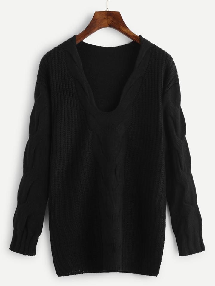 Romwe Plunge Drop Shoulder Cable Knit Sweater