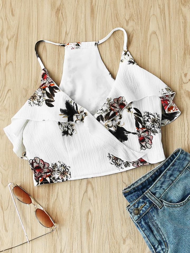 Romwe Flounce Trim Surplice Front Racer Cami Top