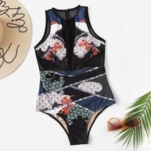 Romwe Tribal Print High Neck One Piece Swimwear