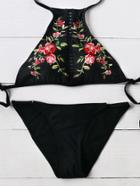 Romwe Black Floral Print Ladder Cutout Bikini Set