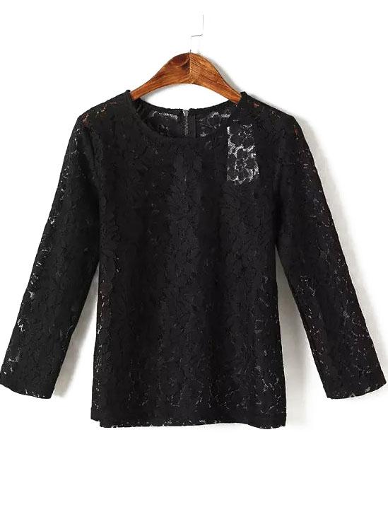 Romwe With Zipper Lace Embroidered Black T-shirt