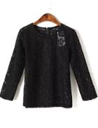 Romwe With Zipper Lace Embroidered Black T-shirt