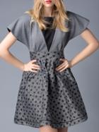 Romwe Grey Round Neck Short Sleeve Pockets Print Dress