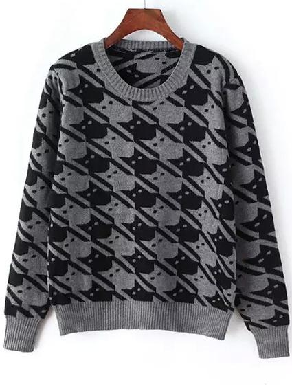 Romwe Cat Print Grey Sweater