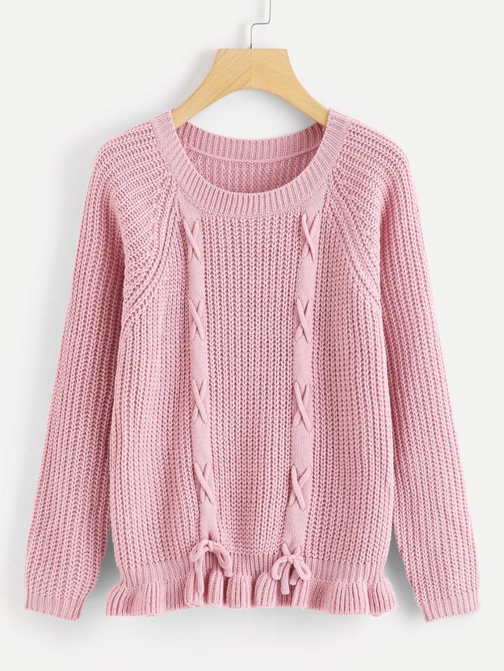 Romwe Ruffle Hem Lace Up Sweater