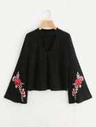 Romwe Choker Neck Embroidery Patch Bell Sleeve Top
