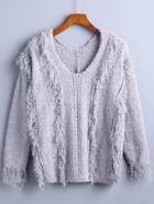 Romwe Grey V Neck Fringe Perforated Sweater