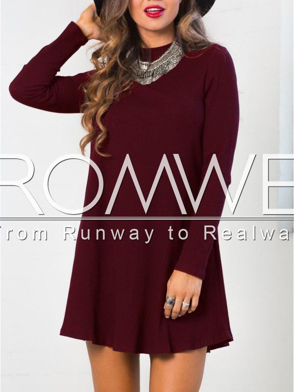 Romwe Burgundy Crew Neck Ribbed Shift Dress