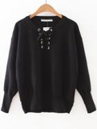 Romwe Black Eyelet Lace Up Ribbed Trim Sweater