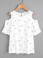 Romwe Open Shoulder Frill Cuff Star Print Top