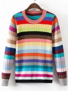 Romwe Multicolor Round Neck Stripe Knitwear