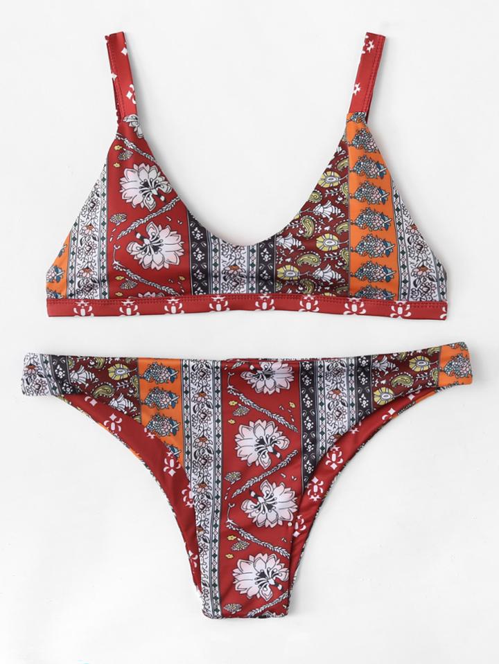 Romwe Flower Print Adjustable Straps Bikini Set
