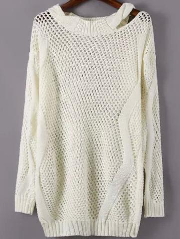 Romwe Open-knit Hollow White Sweater