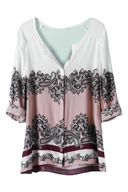 Romwe Floral Print V Neck Shirt