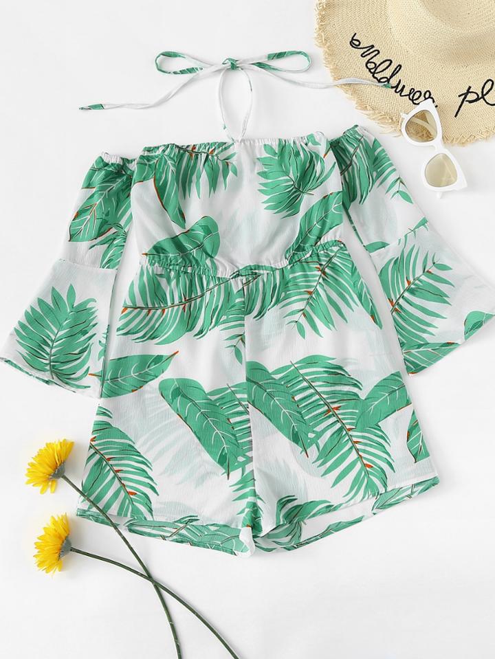 Romwe Off Shoulder Tropical Print Jumpsuit