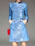 Romwe Blue Ruffle Belted Denim Pockets Dress