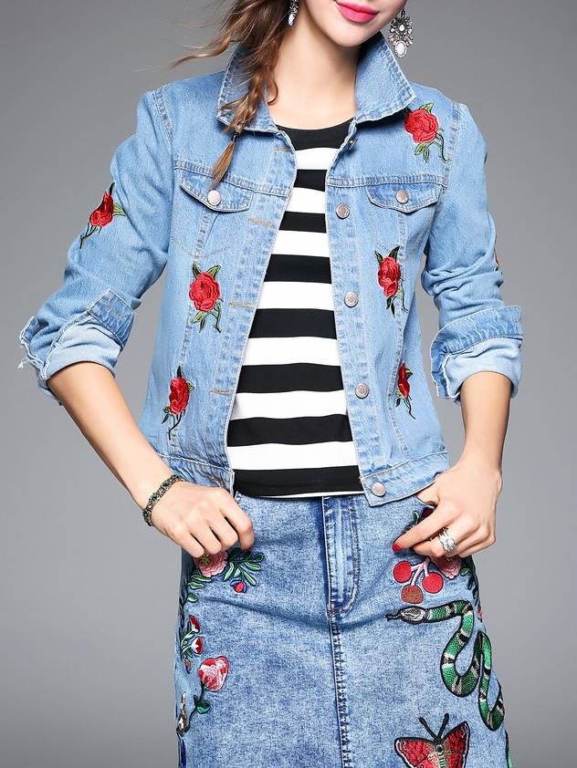 Romwe Blue Lapel Rose Embroidered Denim Coat