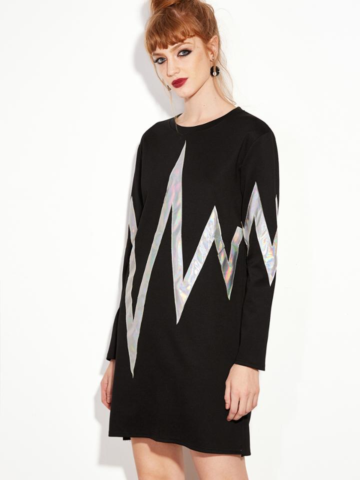 Romwe Black Glitter Patch T-shirt Dress