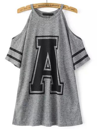 Romwe Grey Cold Shoulder A Print Loose T-shirt