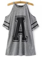 Romwe Grey Cold Shoulder A Print Loose T-shirt