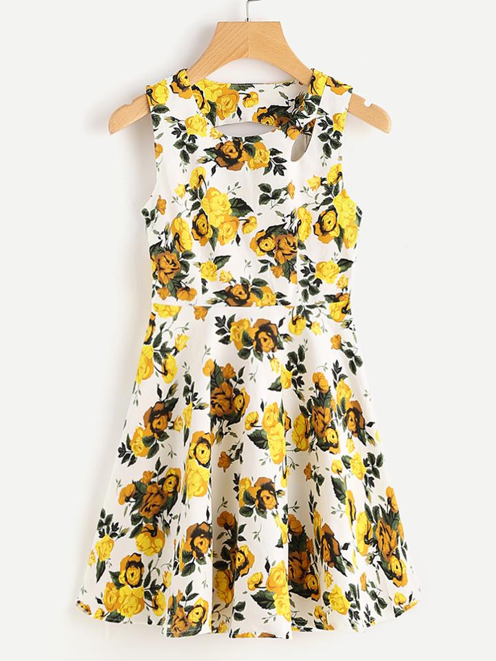 Romwe Florals Keyhole Detail Skater Dress