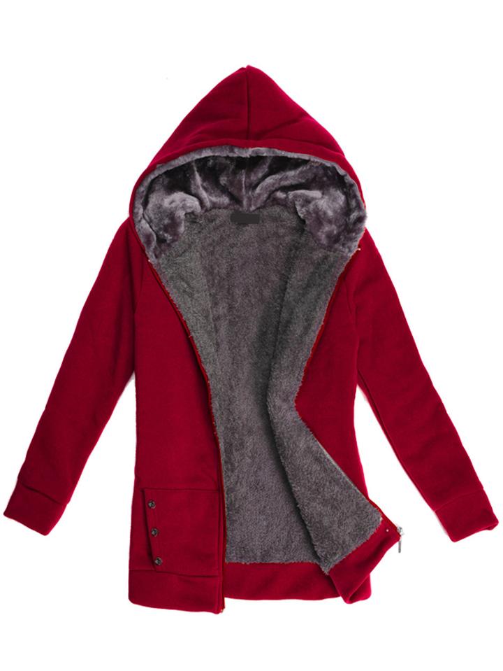 Romwe Hooded Zipper Pockets Burgundy Sweatshirt
