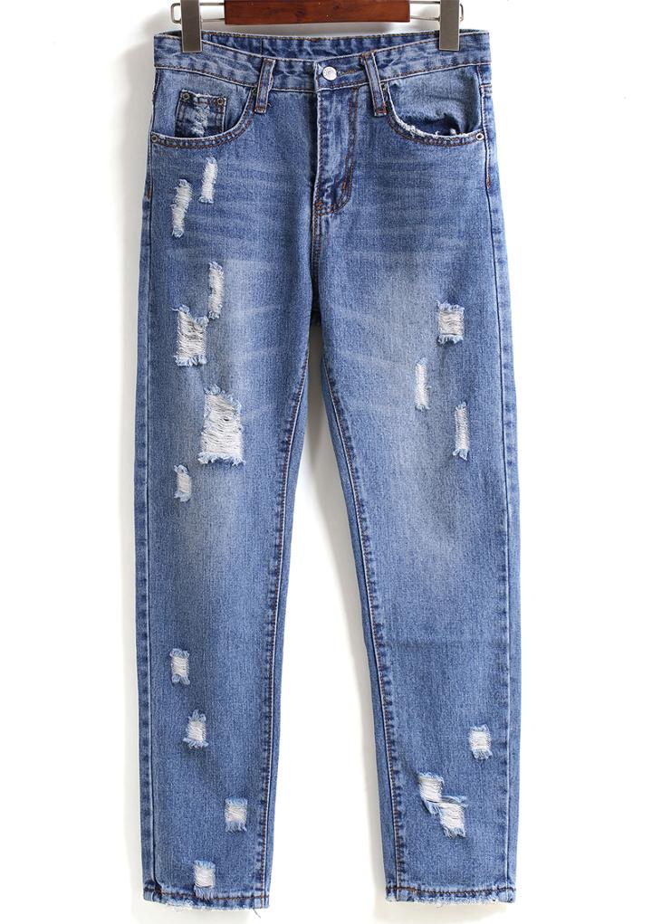 Romwe With Pockets Ripped Slim Denim Pant