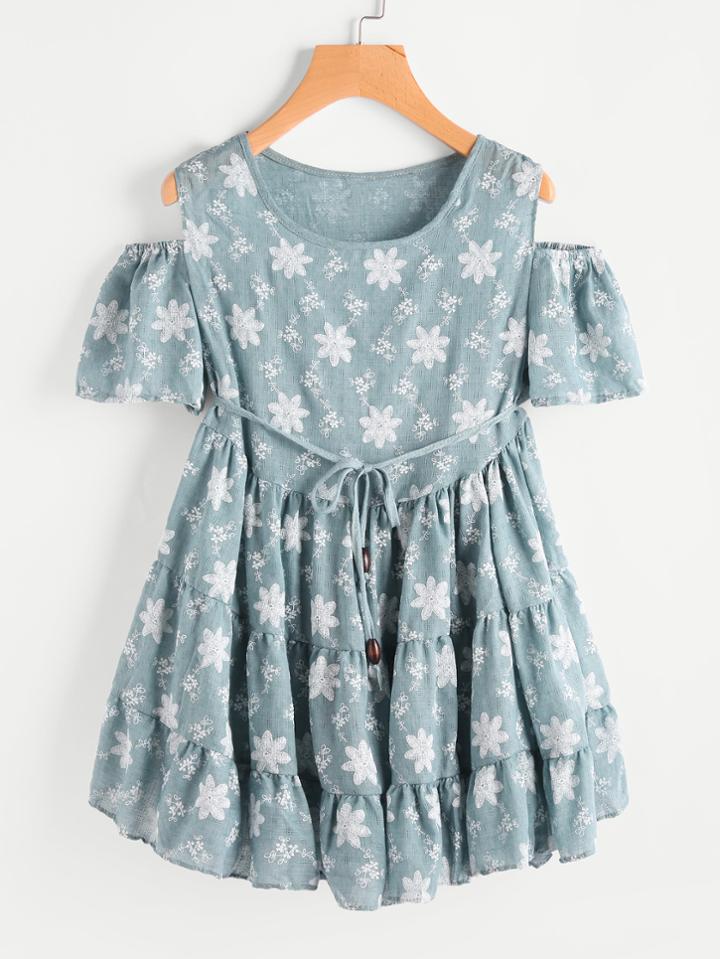 Romwe Open Shoulder Floral Print Self Tie Frill Dress