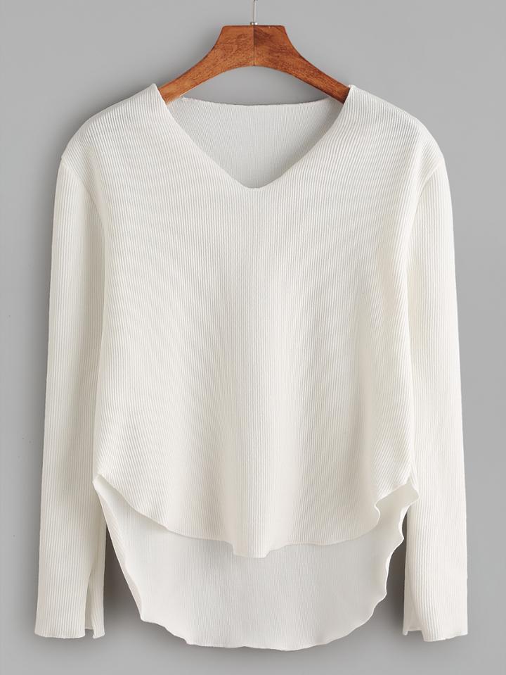 Romwe White V Neck High Low Curved Hem Sweater