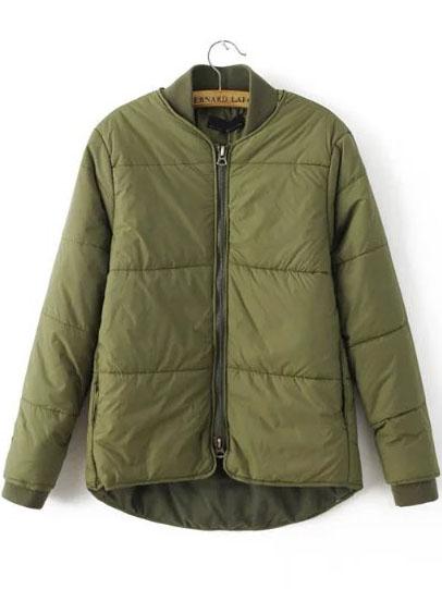 Romwe Army Green Zipper Up High Low Padded Jacket