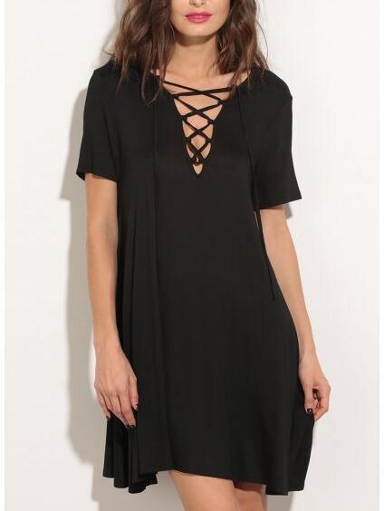 Romwe Black V Neck Lace Up T Shirt Dress