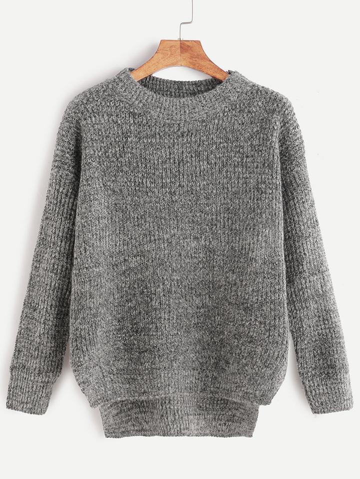 Romwe Grey Drop Shoulder High Low Slit Side Sweater