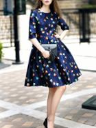 Romwe Heart Print Flare Navy Dress