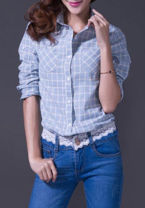 Romwe Plaid Pockets Lapel Blue Blouse