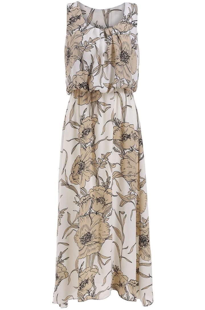 Romwe Round Neck Sleeveless Flower Print Chiffon Dress