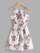 Romwe Floral Print Drawstring Neck Cami Dress