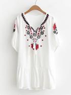 Romwe Flower Embroidery Ruffle Hem Tassel Tie Dress