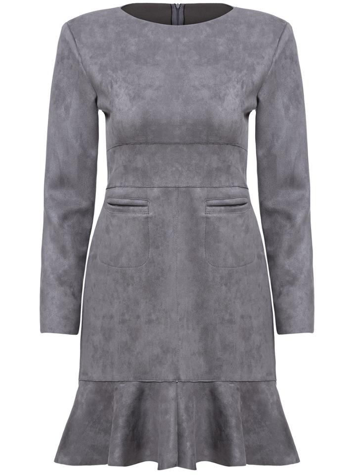 Romwe Long Sleeve Peplum Hem Suede Grey Dress