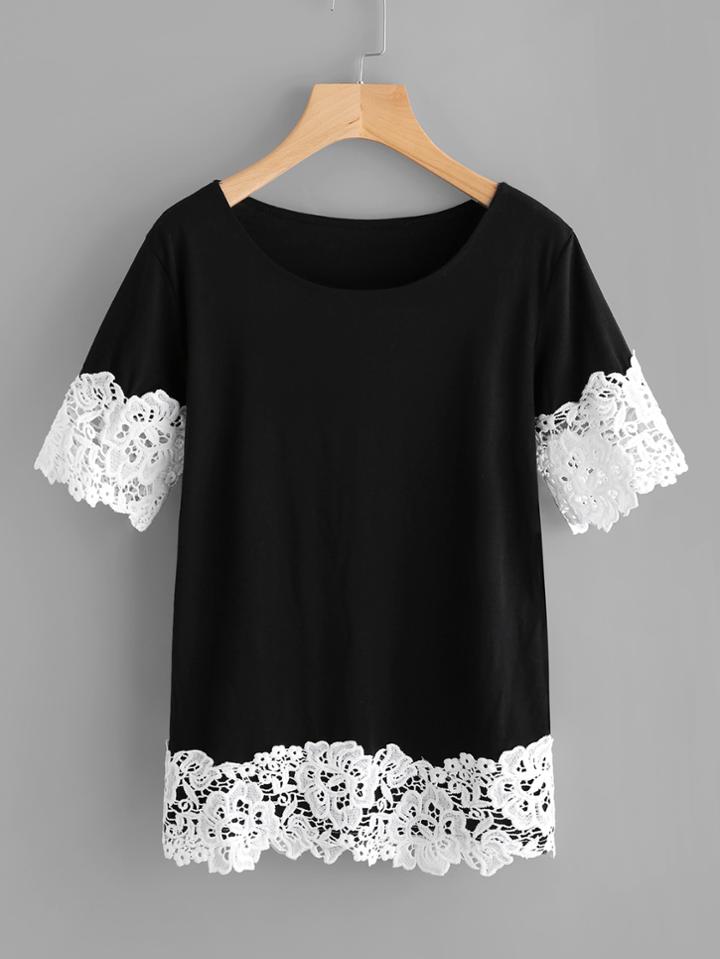 Romwe Contrast Crochet Trim Tee
