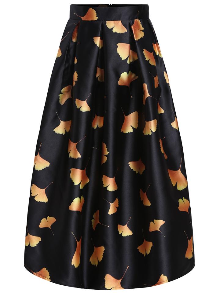 Romwe Leaves Print Pleated Skirt