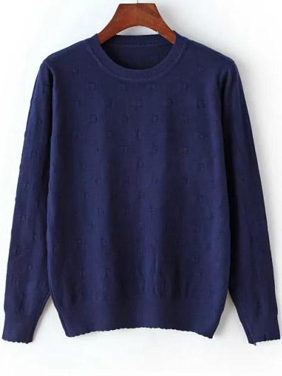 Romwe Round Neck Dotted Crochet Navy Sweater
