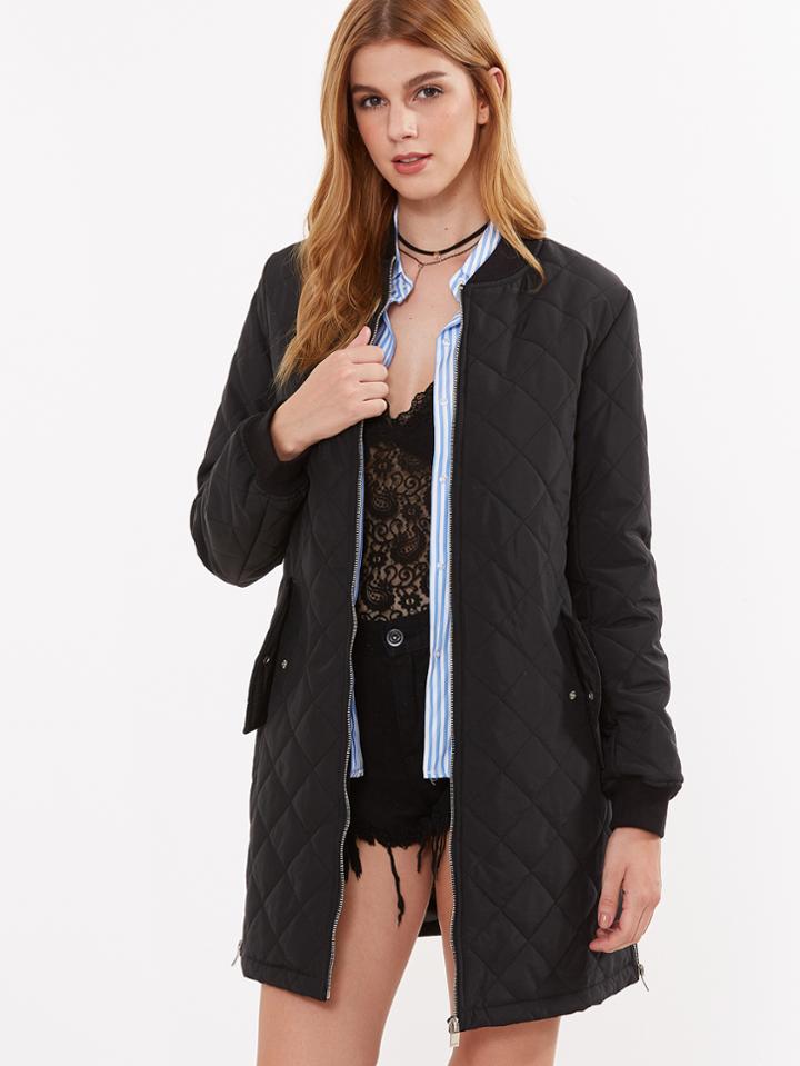 Romwe Black Quilted Padded Coat With Zip Detail