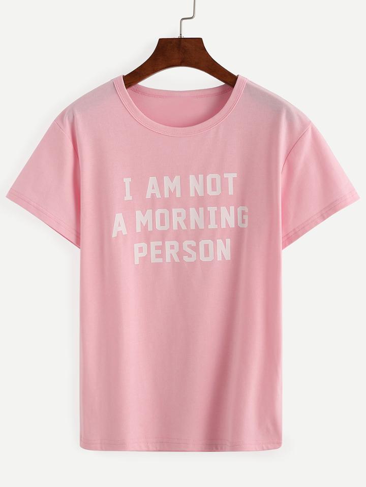 Romwe Pink Letter Print T-shirt