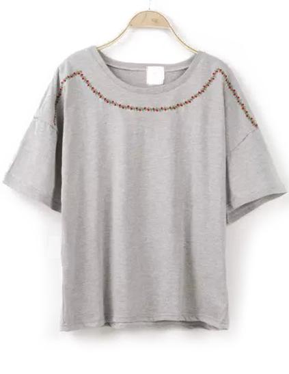 Romwe Round Neck Embroidered Loose Grey T-shirt