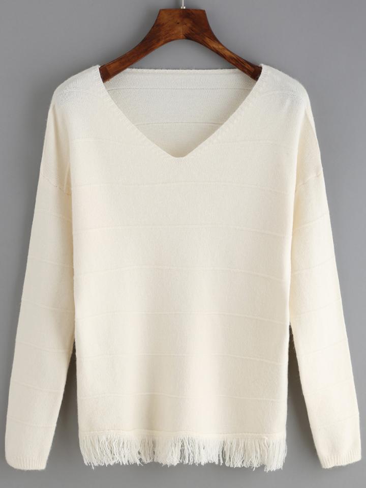 Romwe V Neck Fringe Beige Knitwear