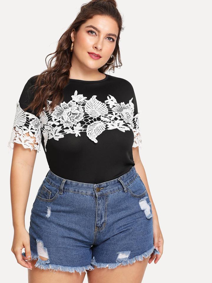 Romwe Lace Applique Decorated Tee