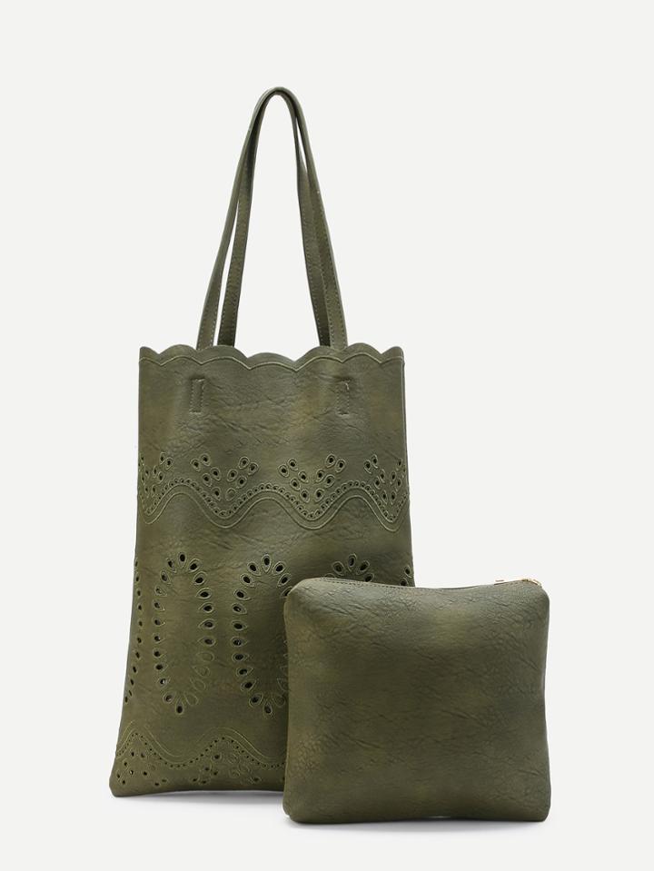 Romwe Laser Cut Pu Tote Bag With Clutch