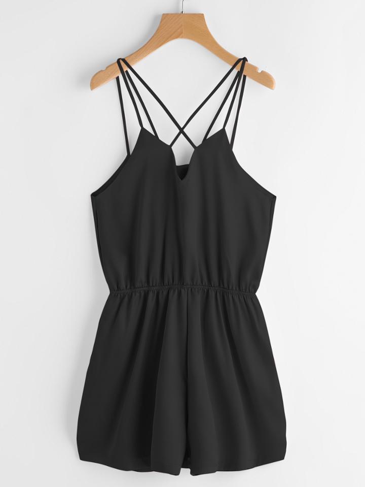 Romwe Criss Cross Back Elastic Waist Satin Cami Romper