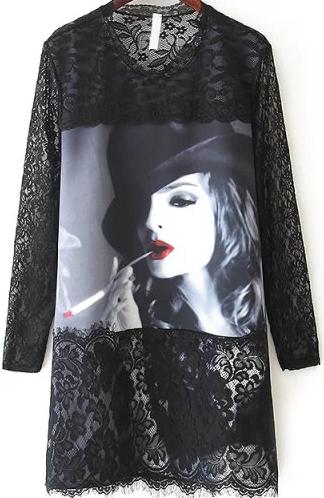 Romwe Smoke Beauty Print Lace Dress