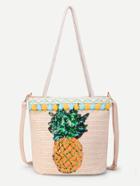 Romwe Sequin Pineapple Design Straw Bag With Convertible Strap